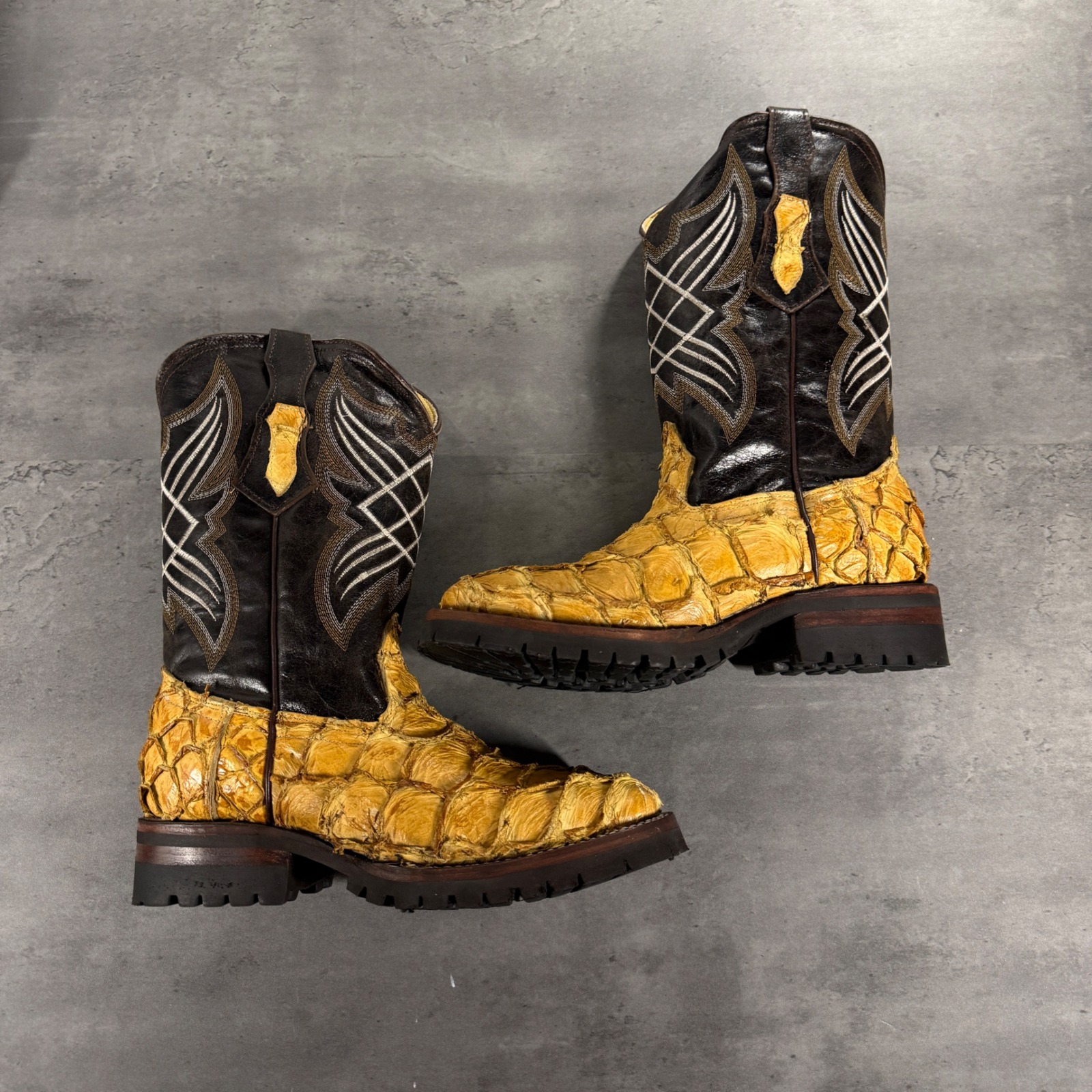 Franco Leather Pirarucu Boots Men 8.5 Honey Brown Exotic Fish Skin Square Toe